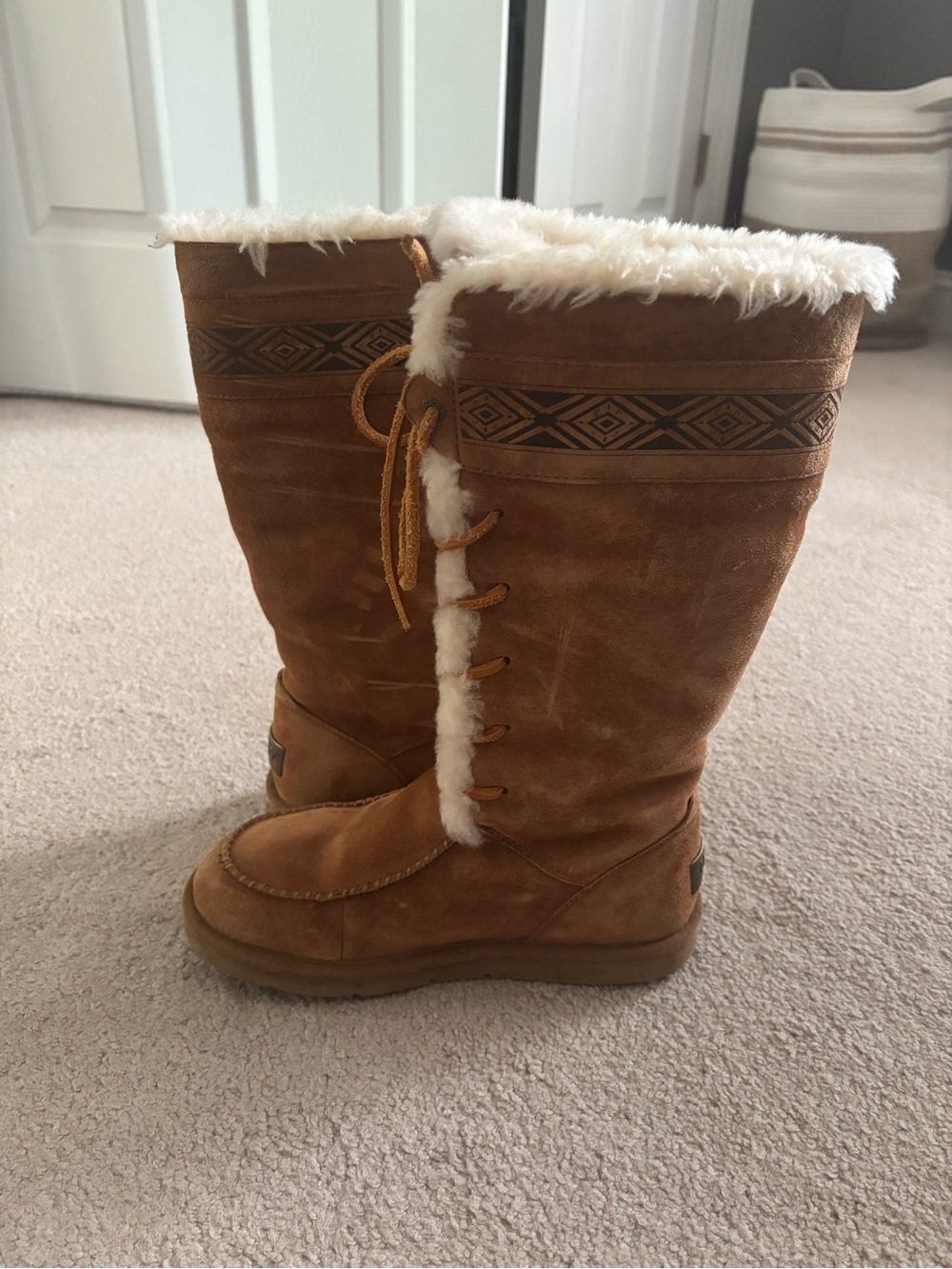 UGG Tall Suede Winter Boots with Faux Fur Trim - Brown